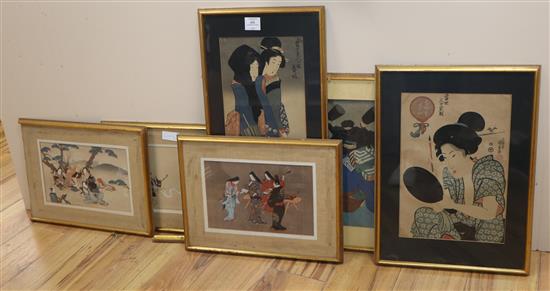 Japanese School, 6 assorted woodblock prints, largest 51 x 21cm